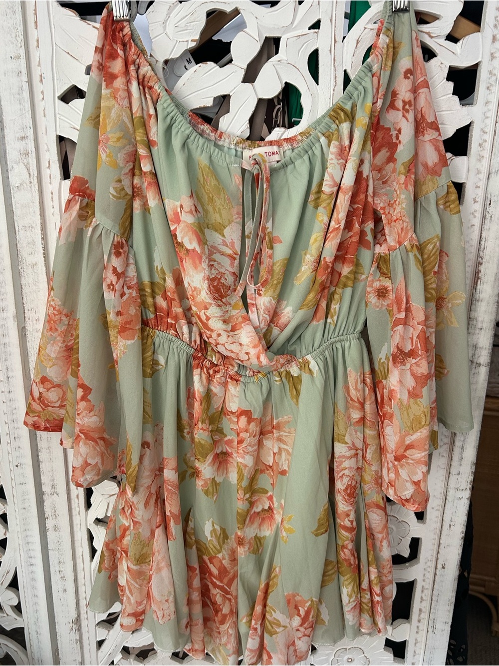Floral Off-Shoulder romper in Sage Green and Coral